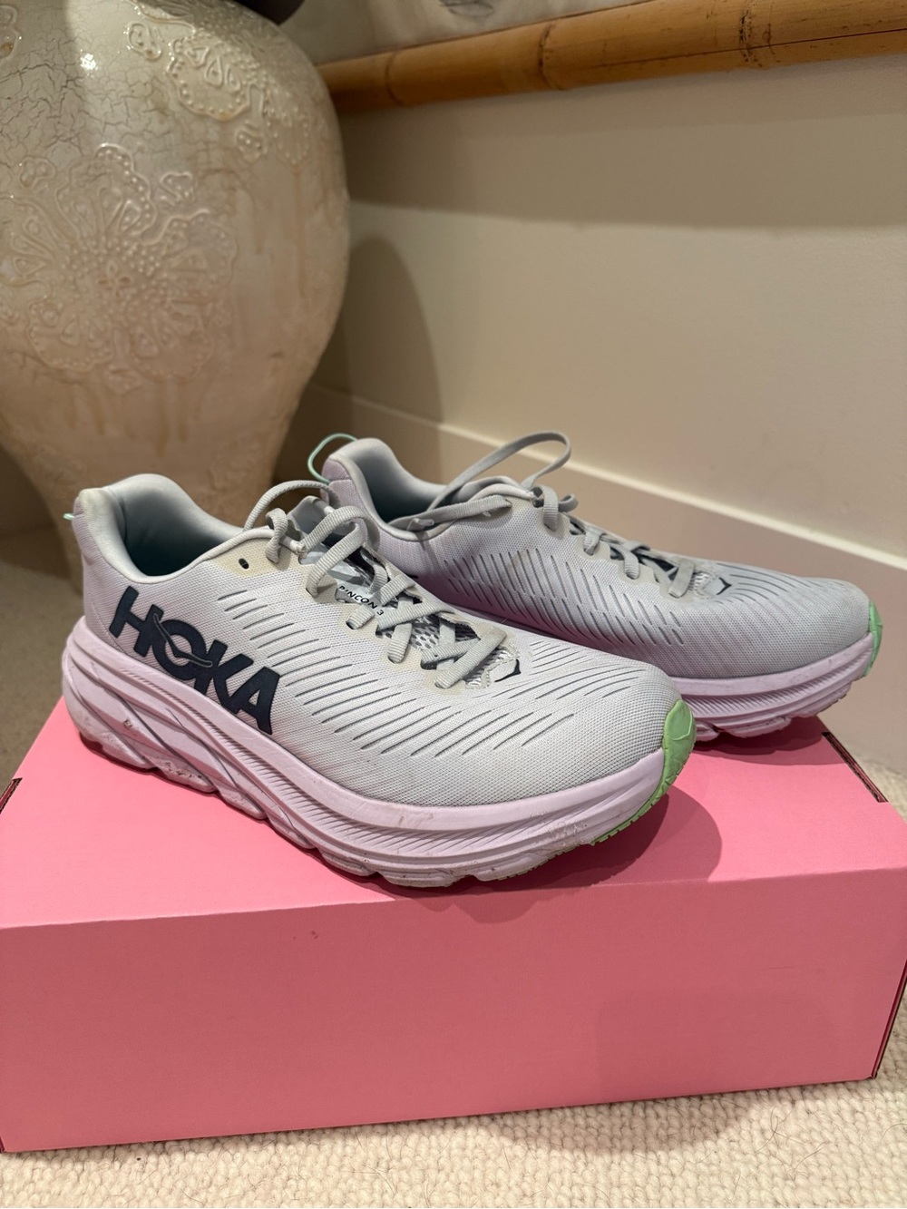 Hoka Women's Light Gray Athletic Runners with Mint Toe